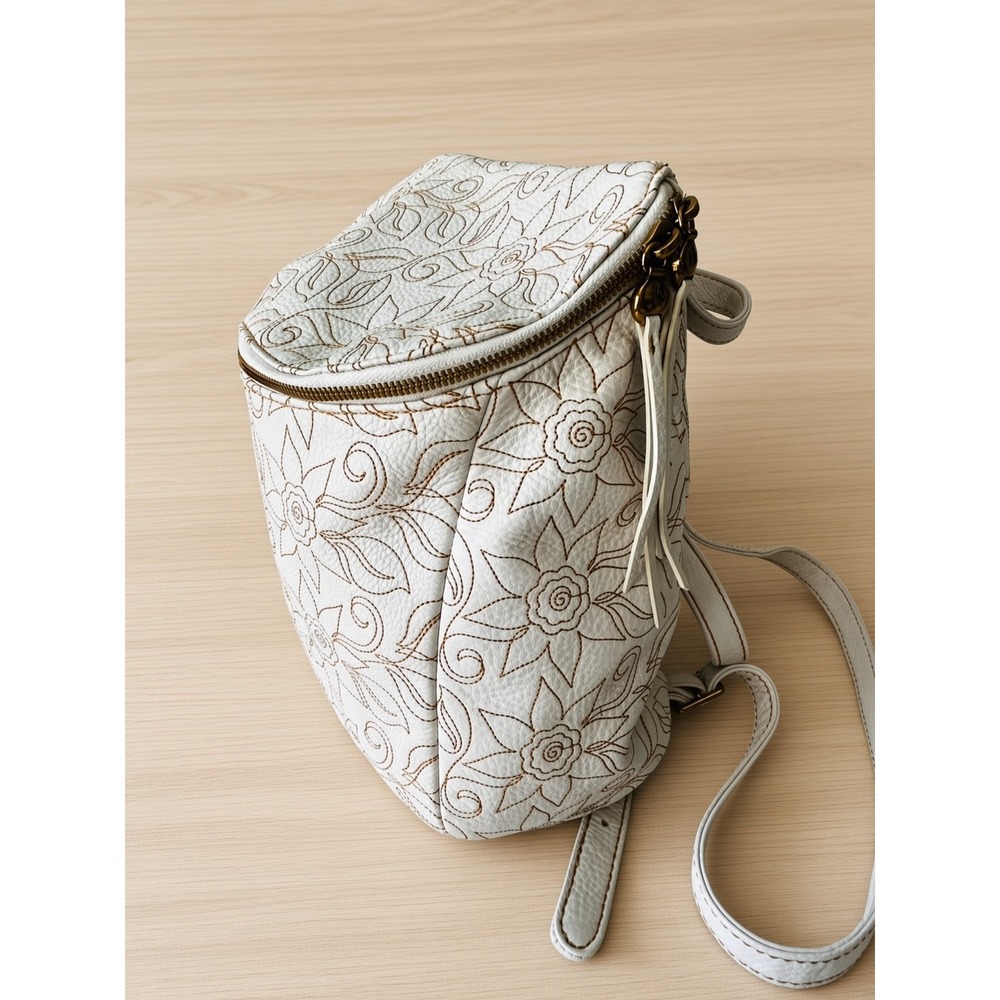 HOBO Genuine Leather White Floral Tooled Mini Backpack Crossbody NWOT